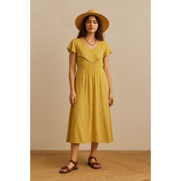 April Cornell Yellow Floral Midi Dress Rayon Ruffle Overlay V-Neck Size M - Picture 1 of 8